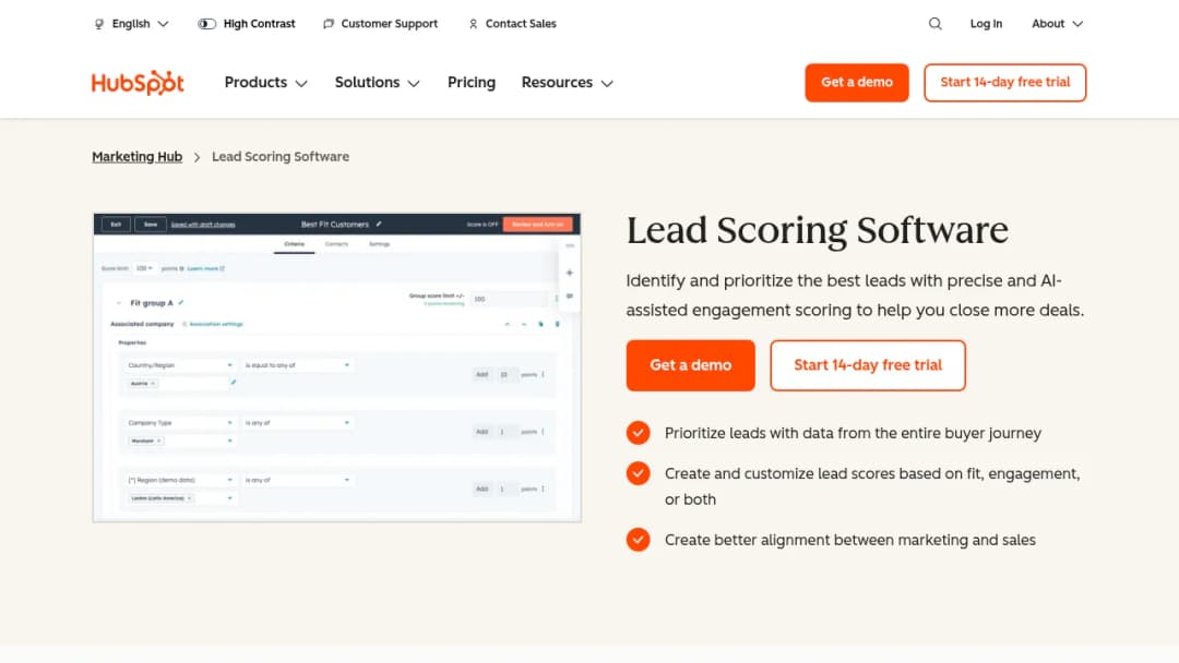 HubSpot Lead Scoring screenshot