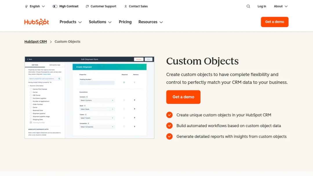HubSpot Custom Objects screenshot