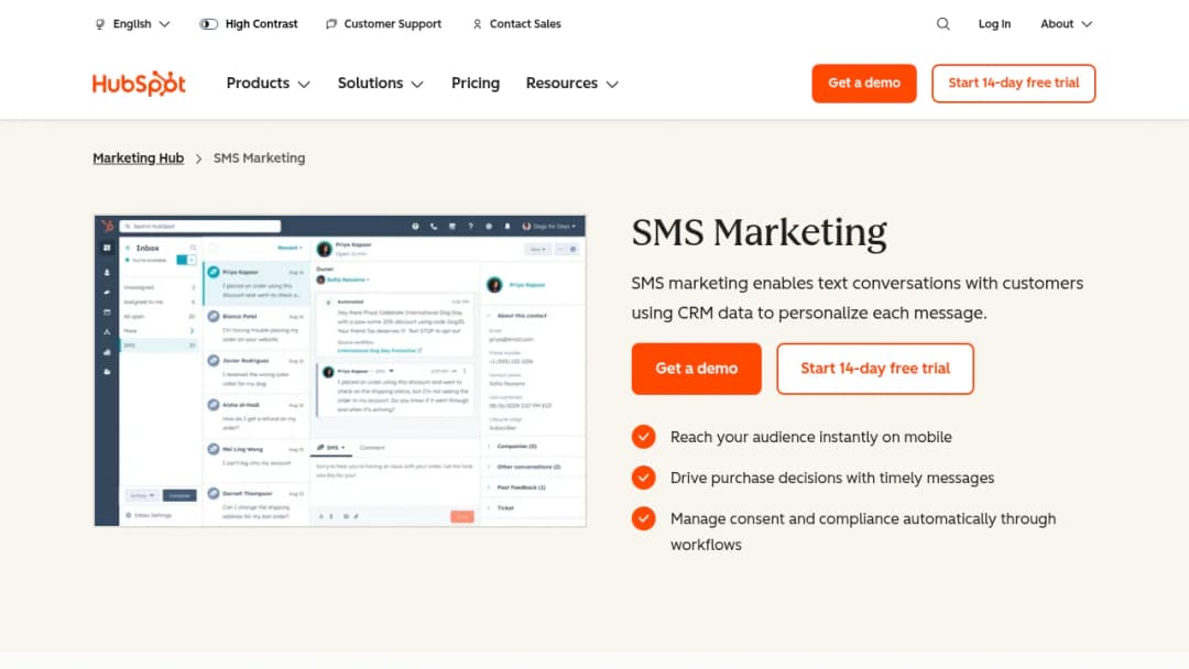 HubSpot SMS Marketing screenshot
