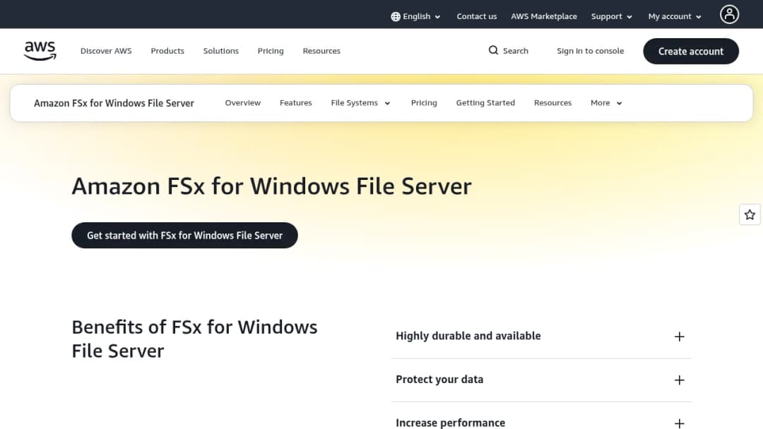 Amazon FSx for Windows File Server screenshot