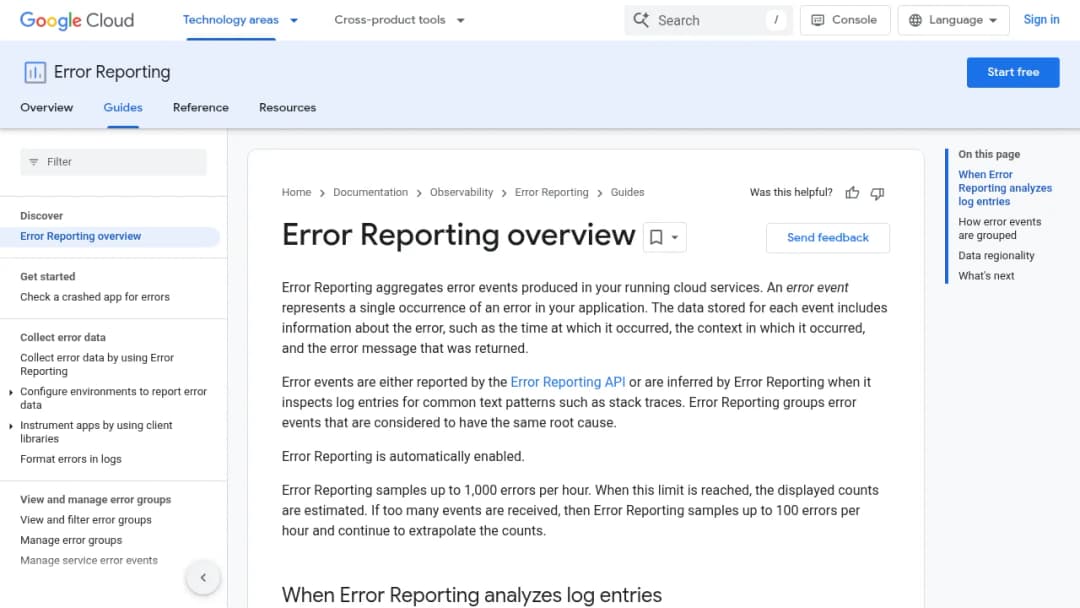 Google Error Reporting screenshot