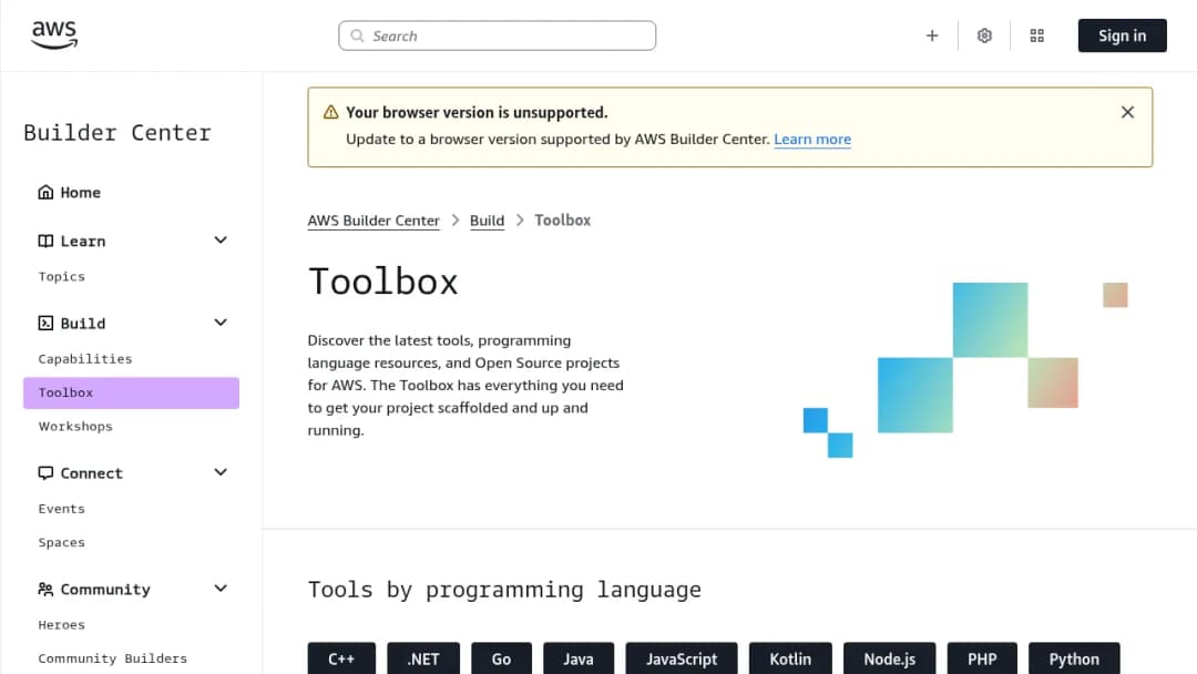 AWS Tools and SDKs screenshot
