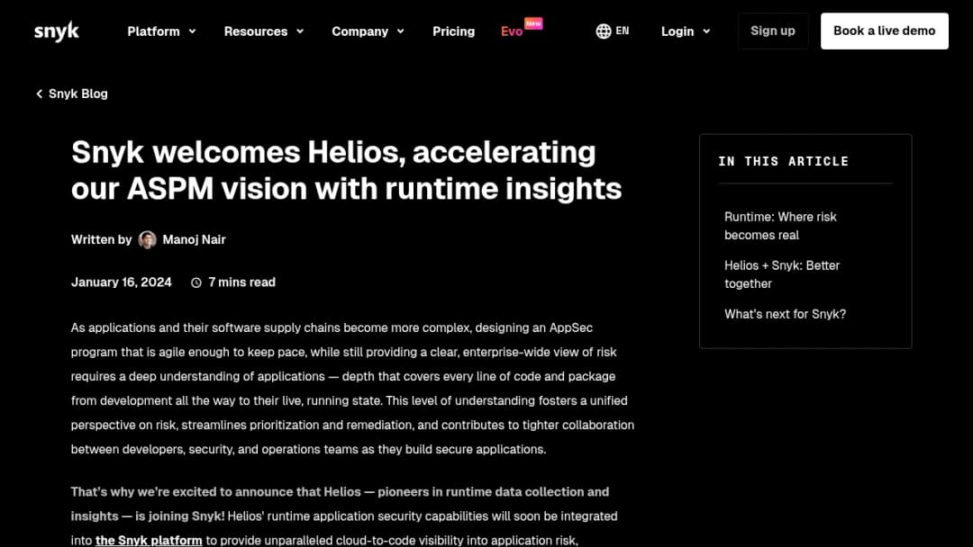 Helios (part of Snyk) screenshot