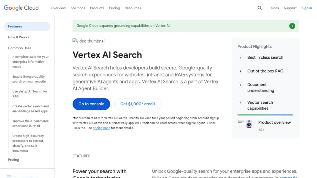 Google Vertex AI Search screenshot