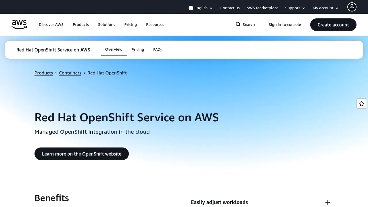 Red Hat OpenShift Service on AWS screenshot