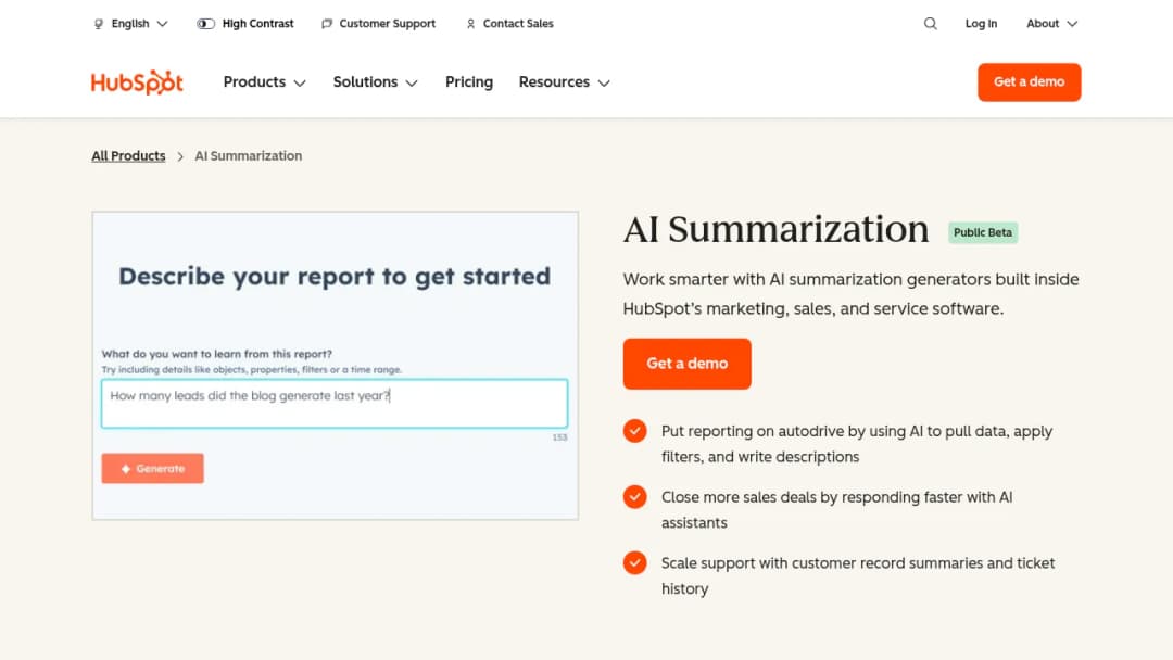 HubSpot AI Summarization screenshot
