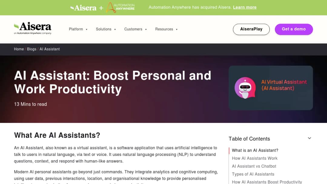 Aisera Assistant screenshot