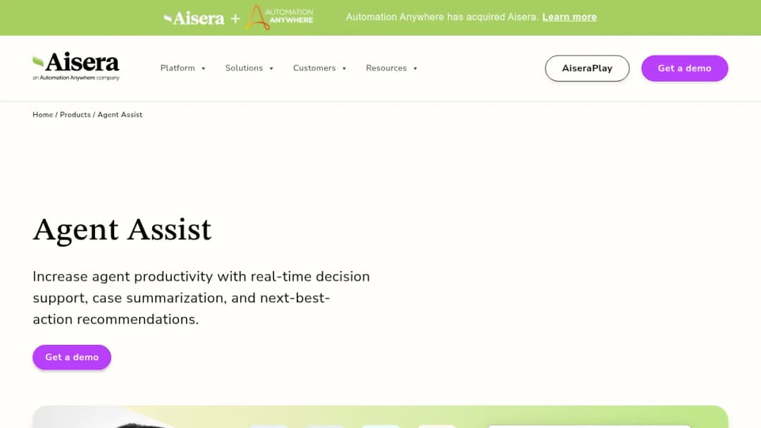 Aisera Agent Assist screenshot