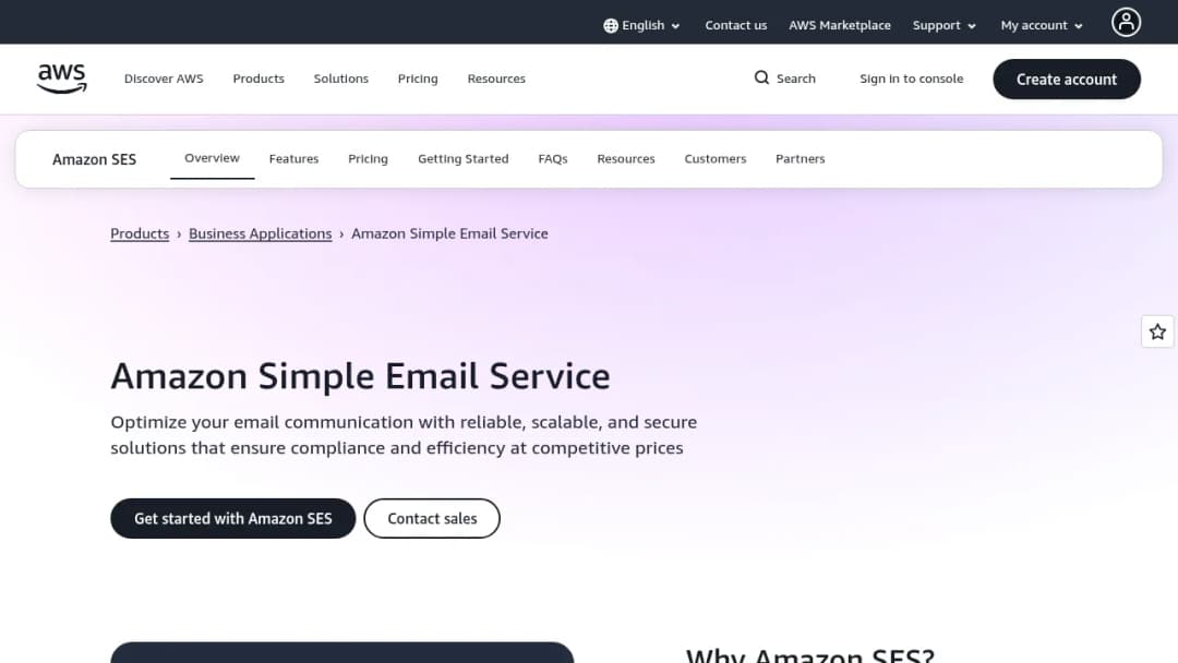 Amazon Simple Email Service (SES) screenshot