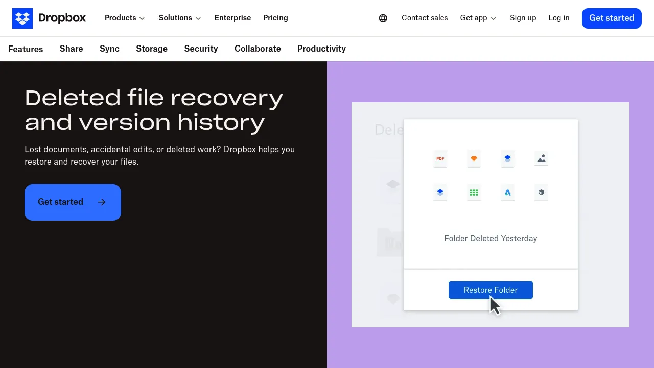Dropbox File recovery and history screenshot