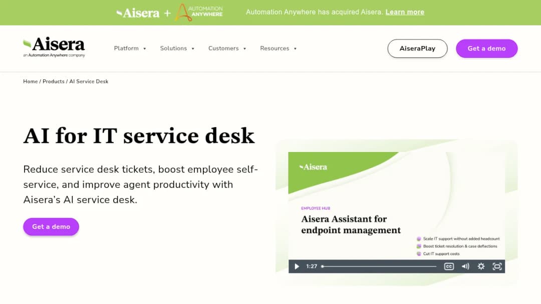 Aisera AI for IT service desk screenshot
