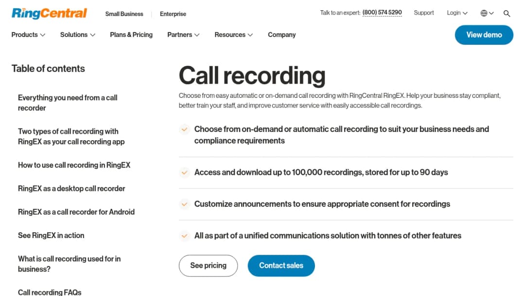 RingCentral Automatic call recording screenshot