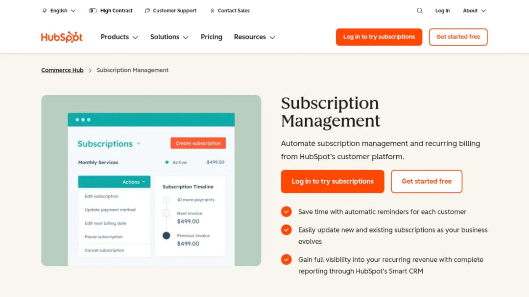 HubSpot Subscriptions screenshot