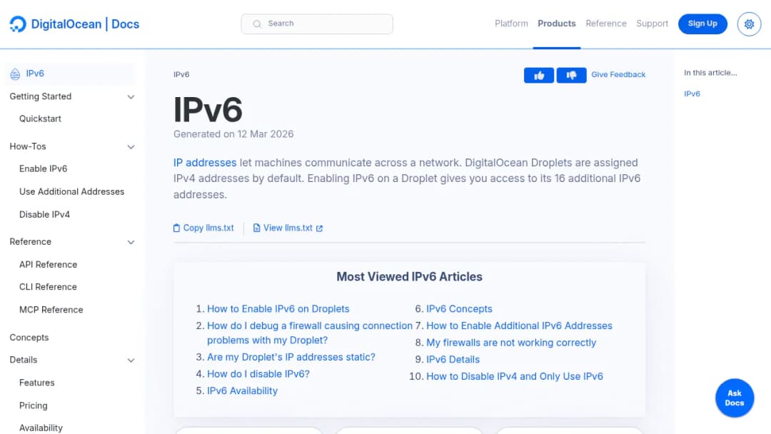 DigitalOcean IPv6 screenshot