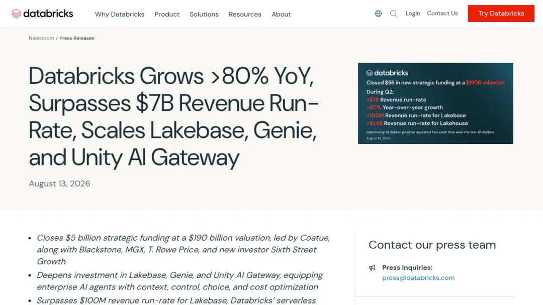 Databricks raised $5b at a $190b valuation from Coatue screenshot