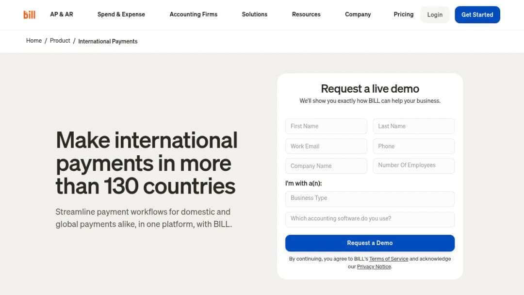 Bill.com Int'l Payments screenshot