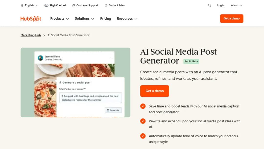 HubSpot AI Social Caption Generator screenshot