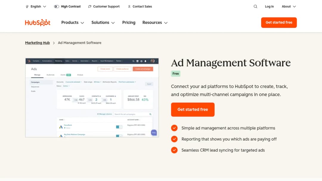 HubSpot Ad Management screenshot