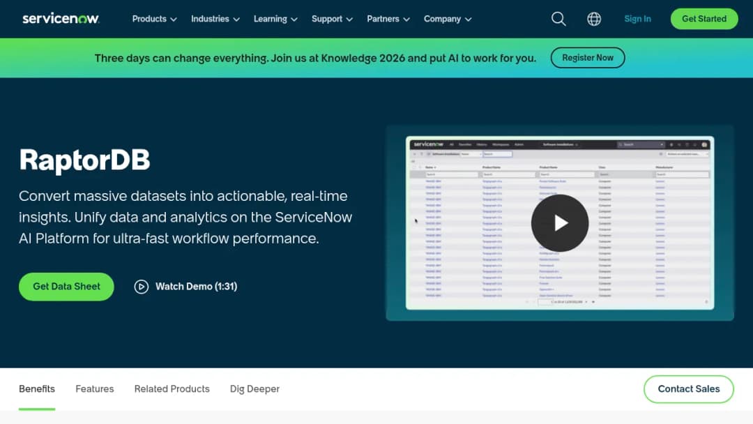 ServiceNow RaptorDB screenshot