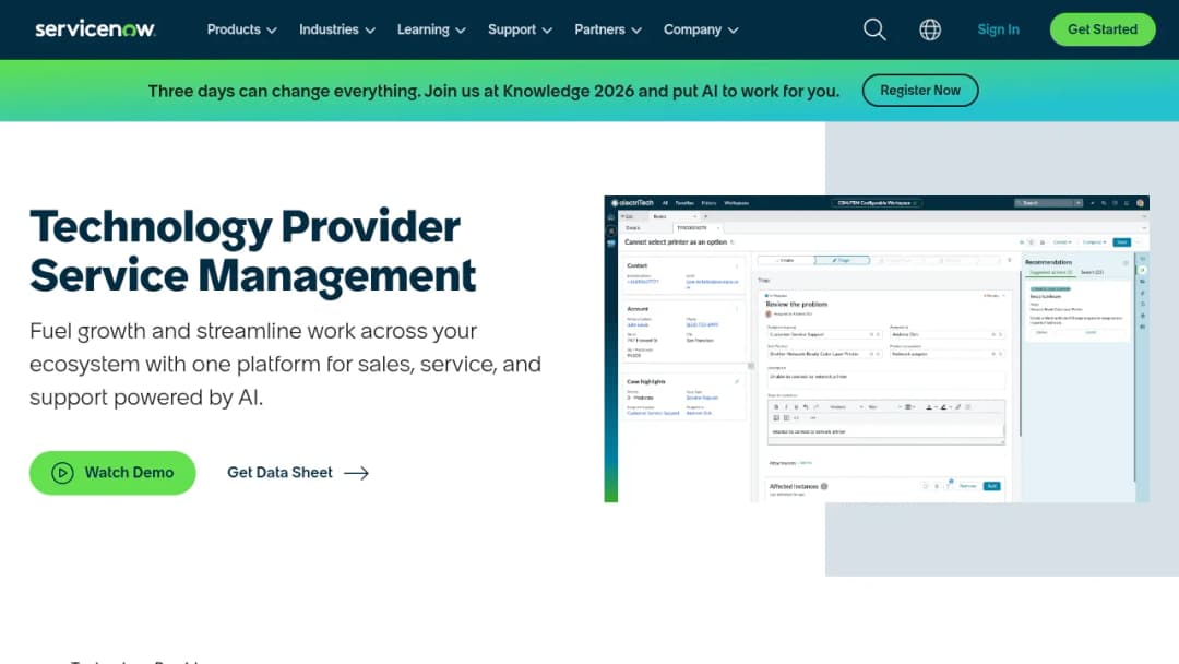ServiceNow Technology Provider Service Management screenshot