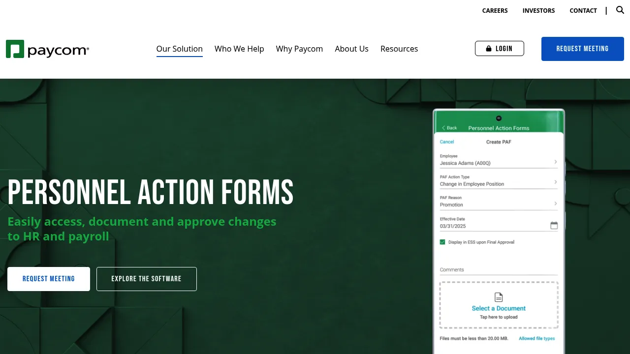 Paycom Personnel Action Forms screenshot