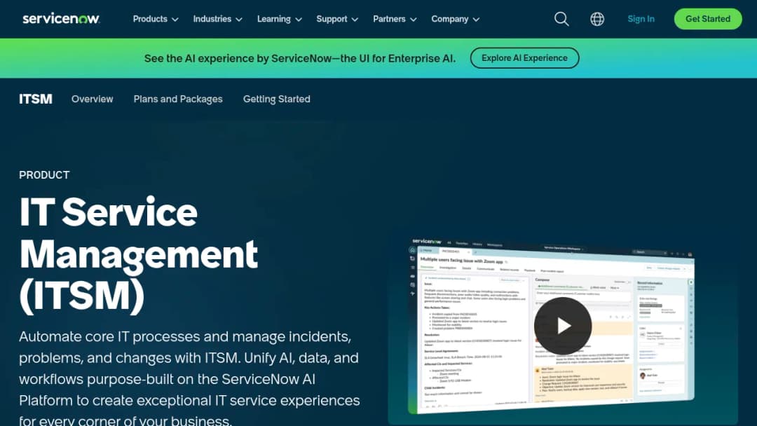 ServiceNow IT Service Management (ITSM) screenshot