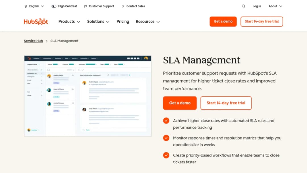 HubSpot SLA Management screenshot