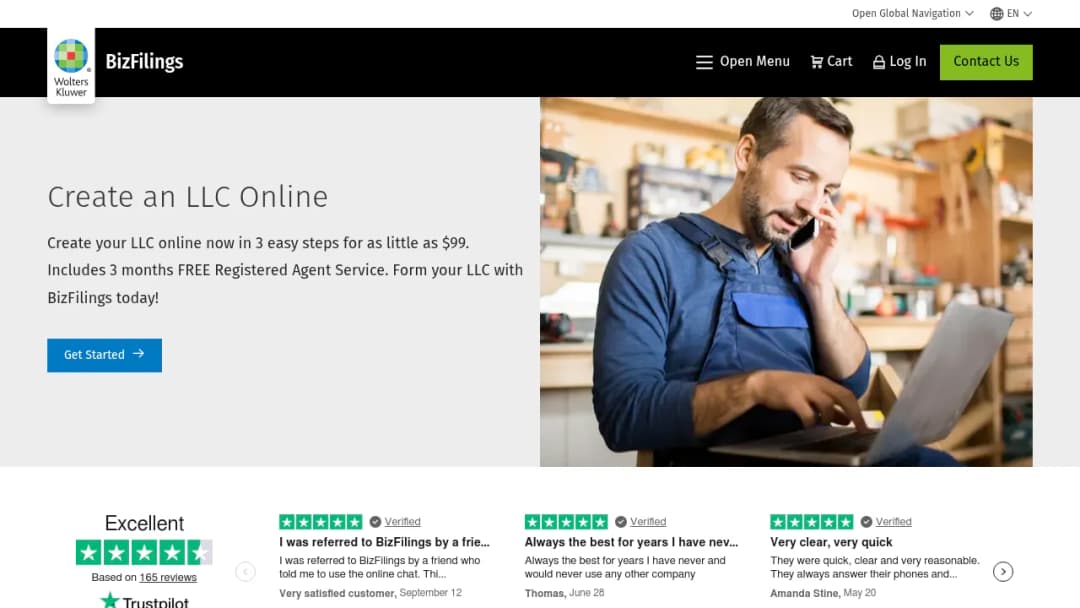 Wolters Kluwer Limited Liability Company Business Formation | BizFilings screenshot