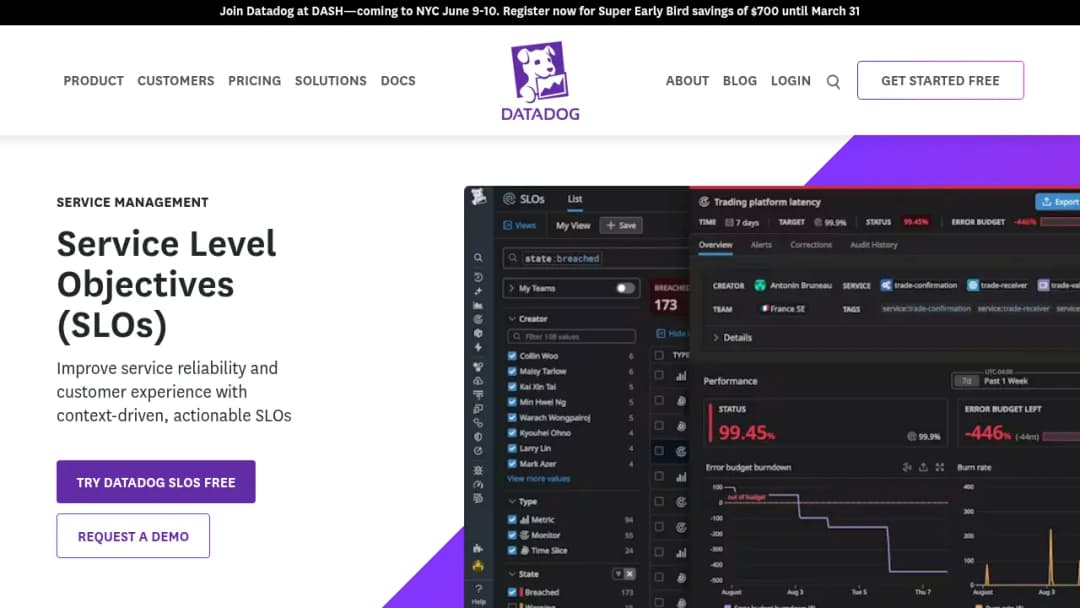 Datadog Service Level Objectives screenshot