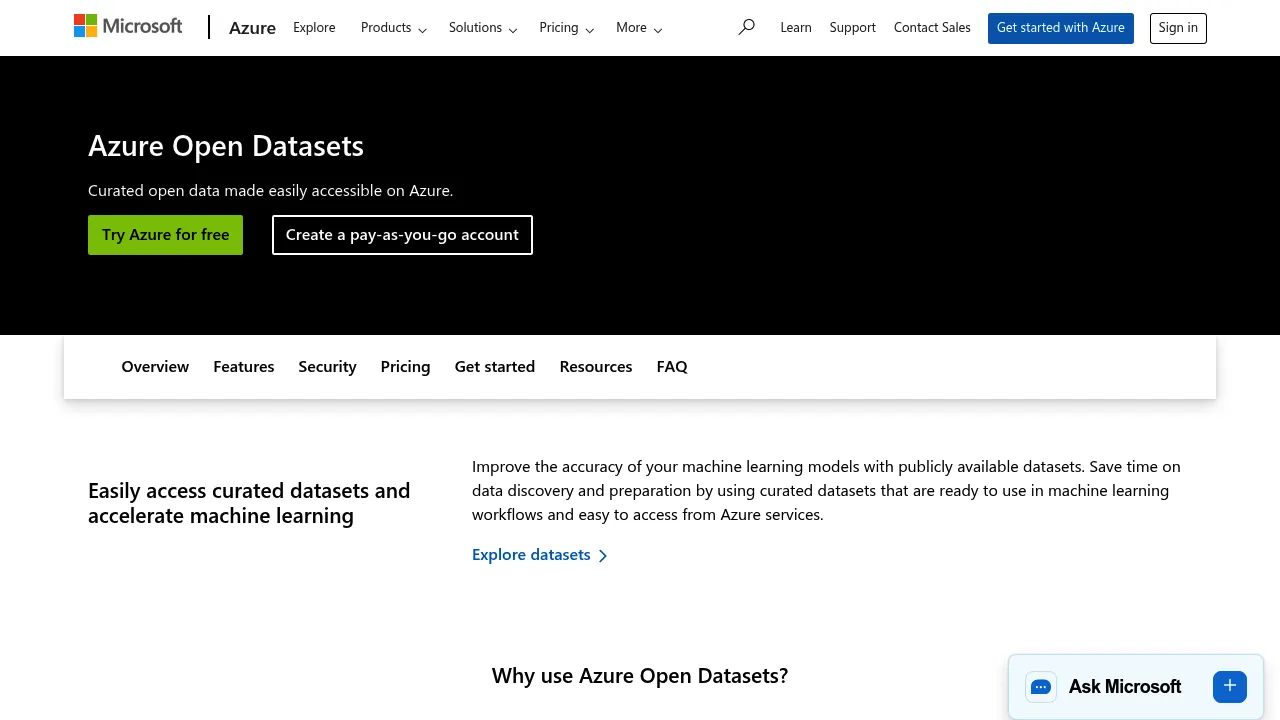 Azure Open Datasets screenshot