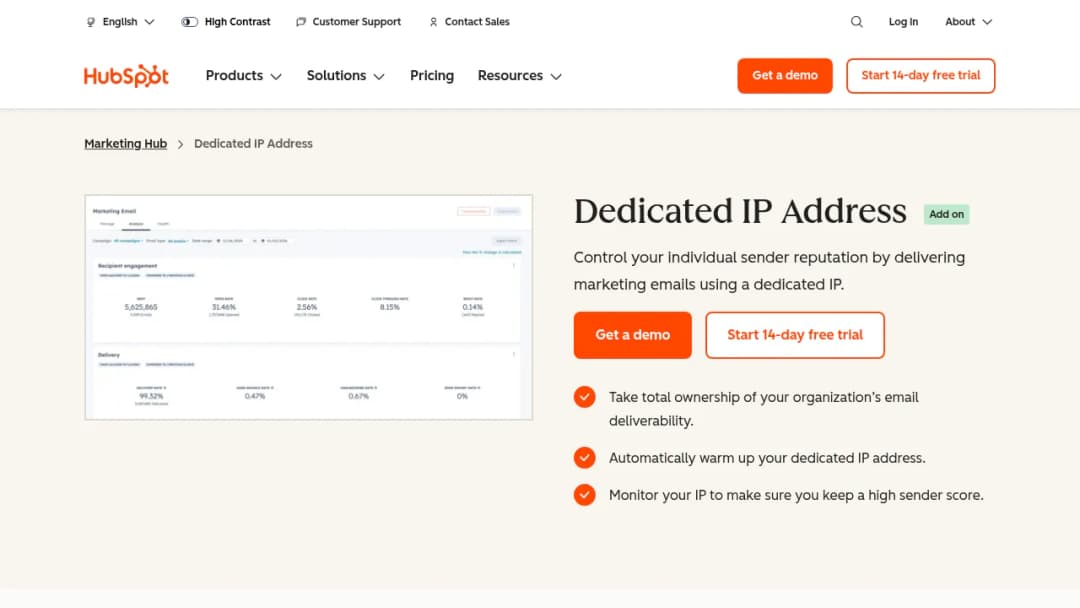 HubSpot Dedicated IP Address screenshot