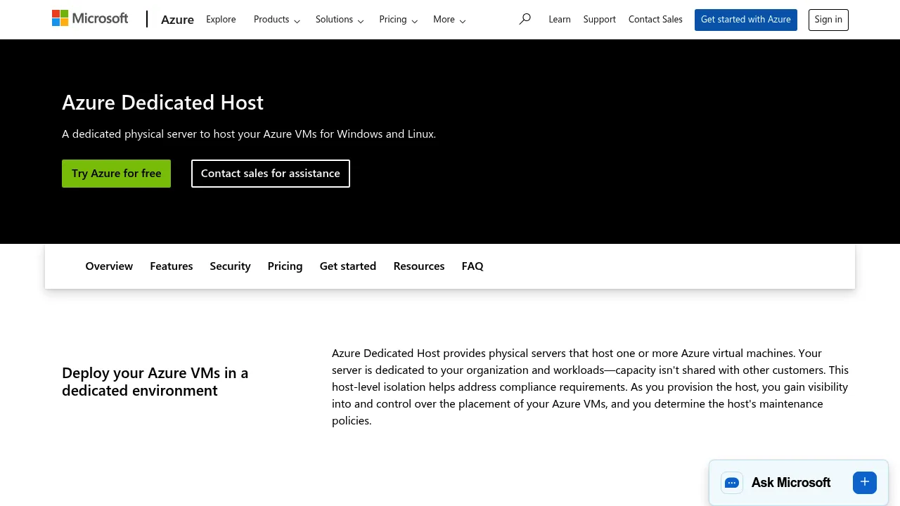 Microsoft Azure Dedicated Host screenshot