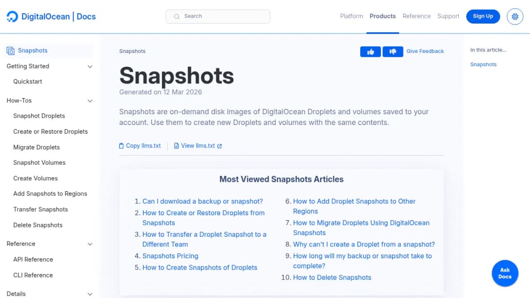 DigitalOcean Snapshots screenshot