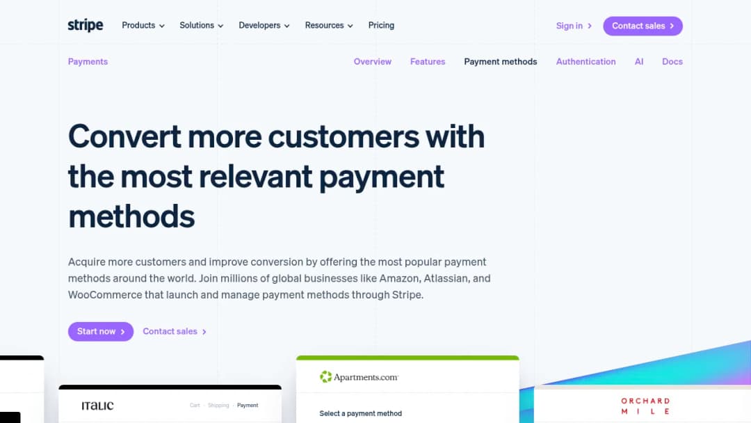 Stripe Payment methods screenshot