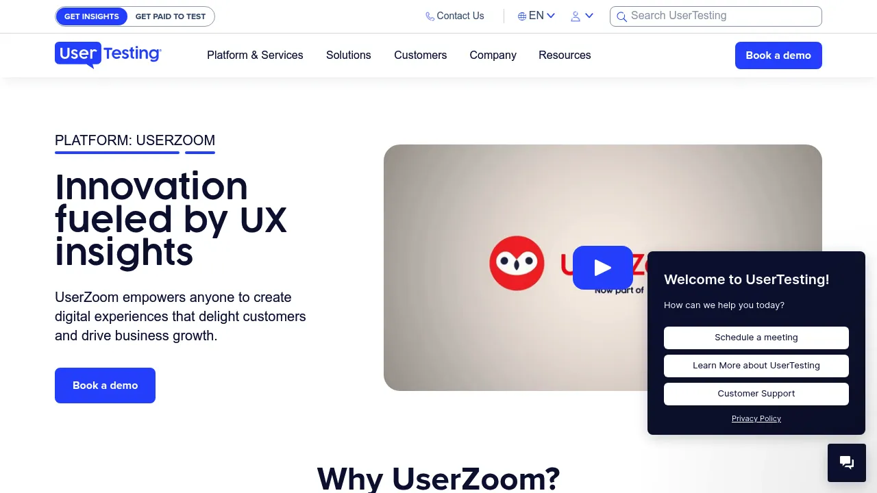 UserTesting UserZoom UX Research Platform screenshot