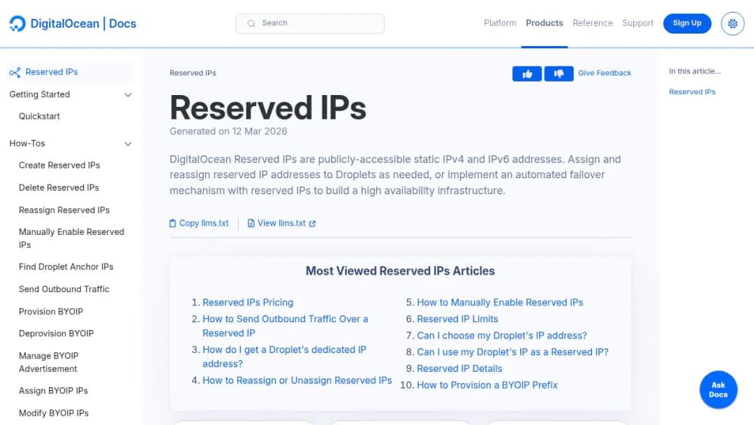 DigitalOcean Reserved IPs screenshot