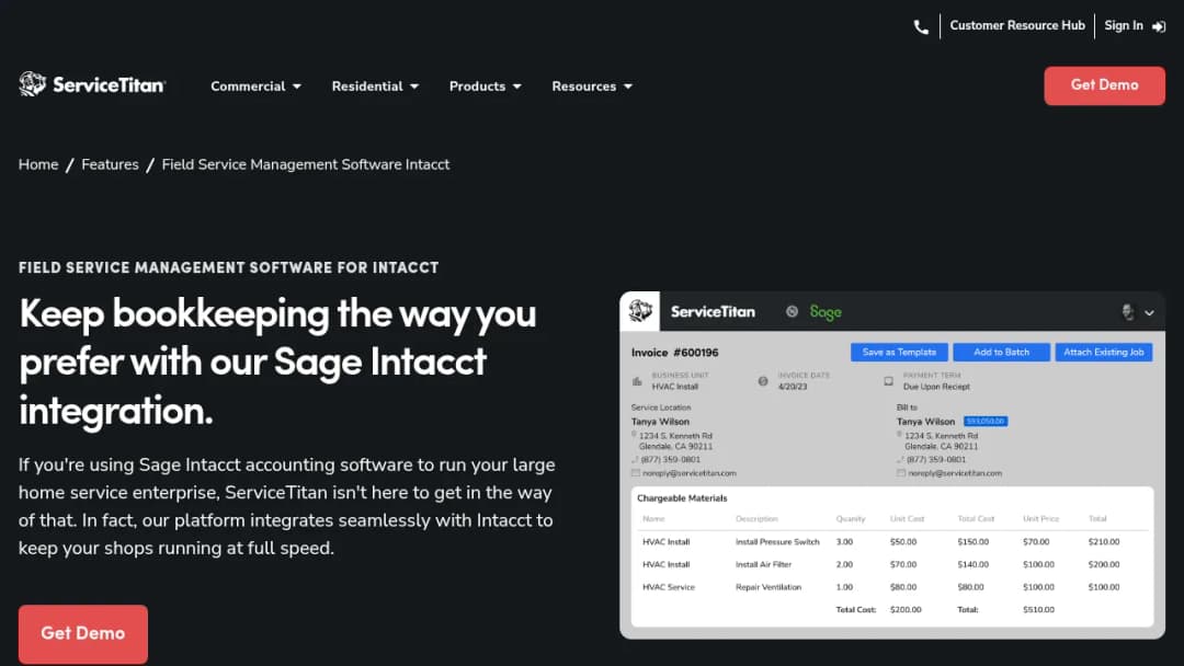 ServiceTitan Intacct screenshot