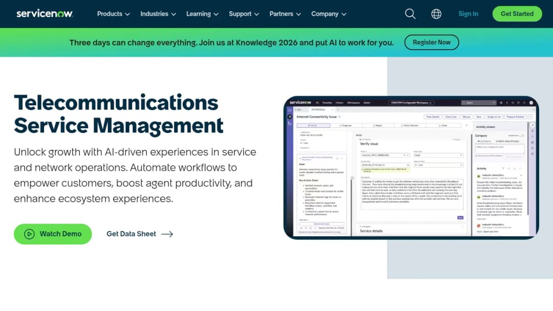 ServiceNow Telecommunications Service Management screenshot