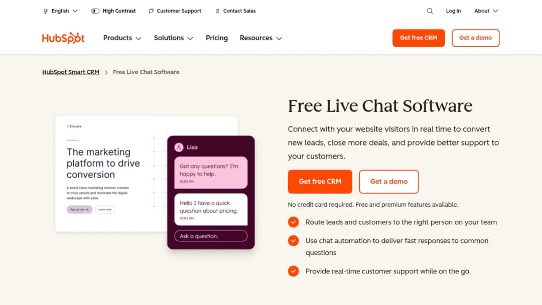 HubSpot Live Chat screenshot