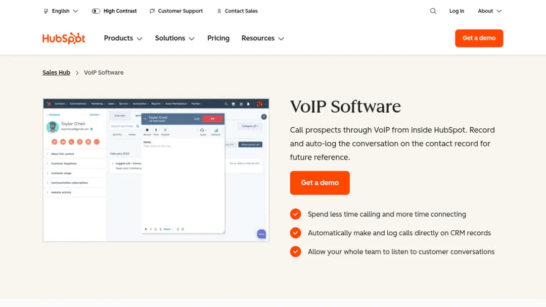 HubSpot VoIP Software screenshot