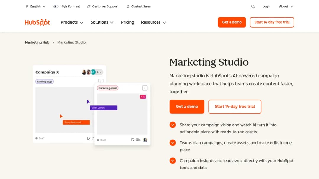 HubSpot Marketing Studio screenshot