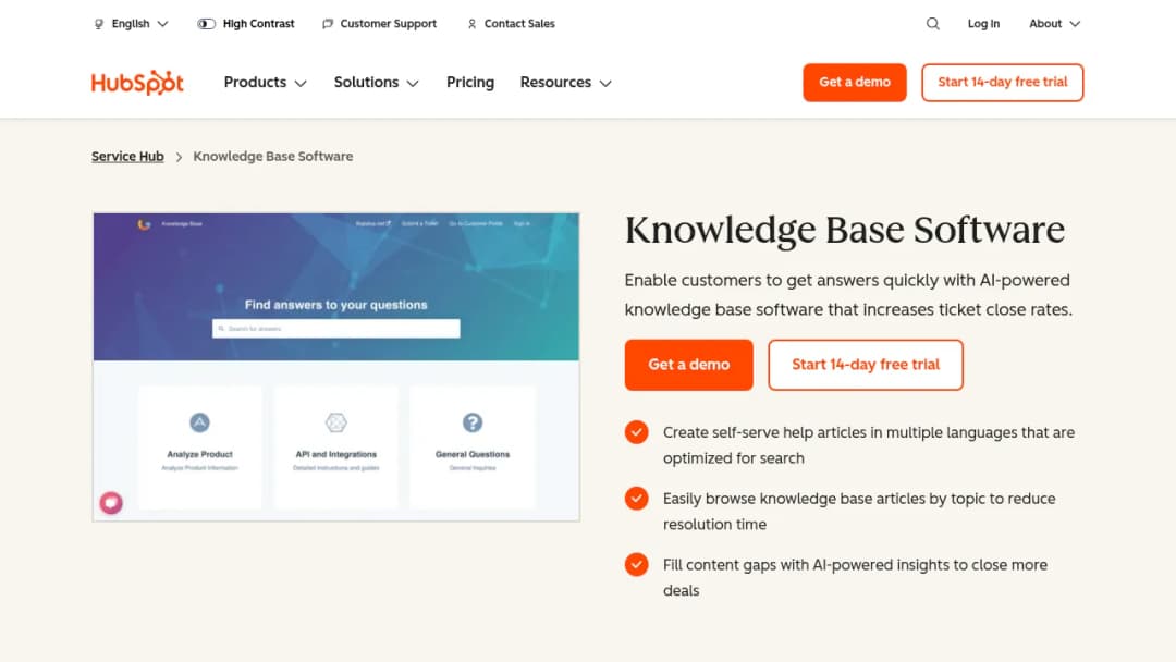 HubSpot Knowledge Base Software screenshot