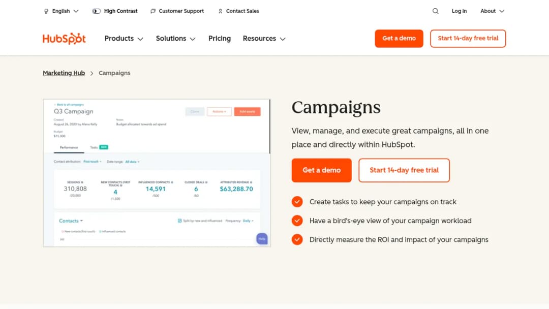 HubSpot Campaigns screenshot