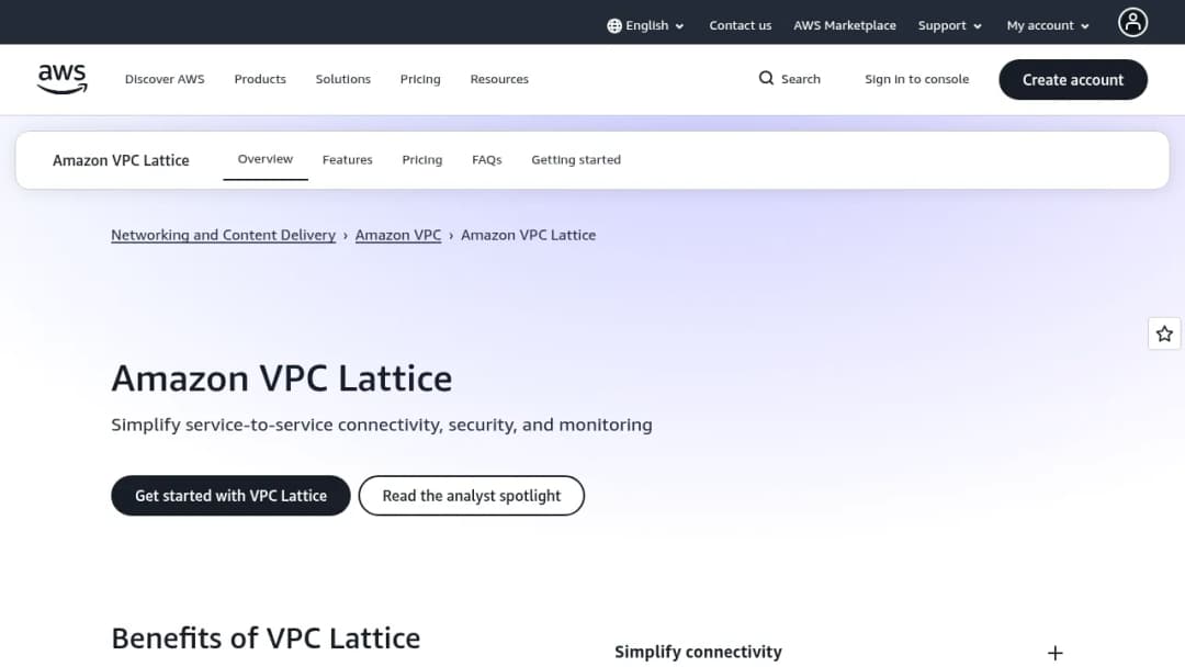 Amazon VPC Lattice screenshot