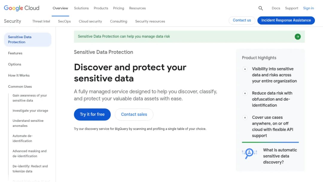 Google Sensitive Data Protection screenshot