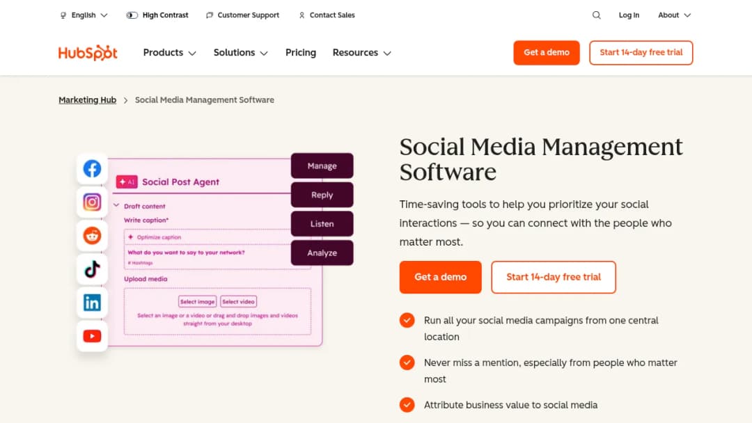 HubSpot Social Media Management Software screenshot